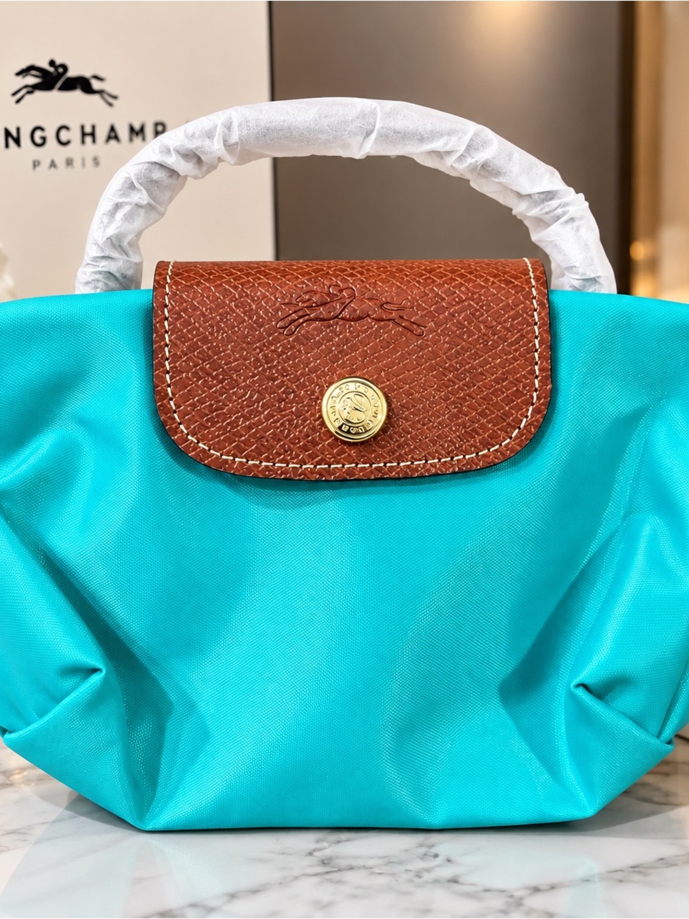 Longchamp Turquoise Nylon Tote with Brown Leather Trim